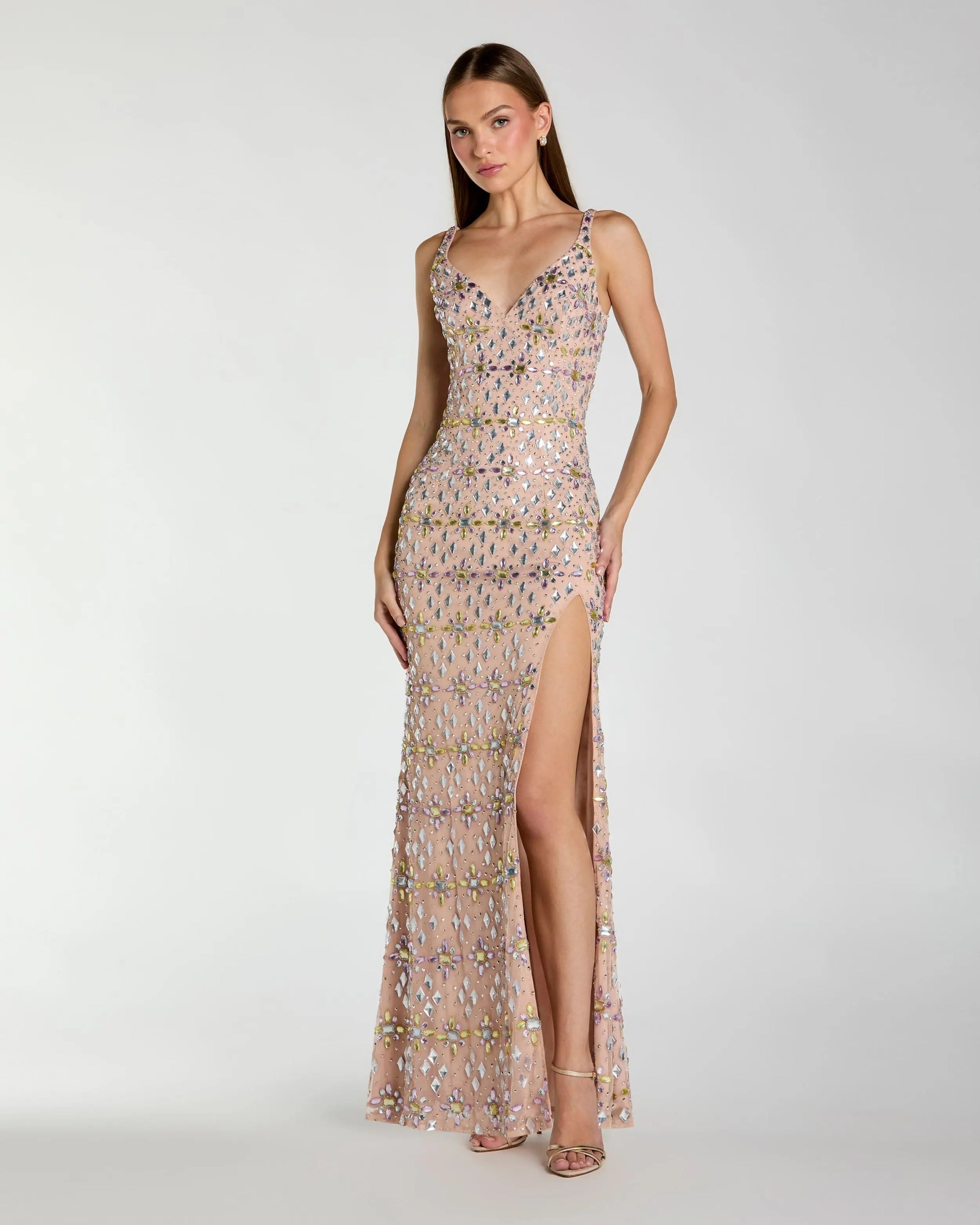 Mac Duggal 10155 Light Rose crystal embellished column gown with slit - Front