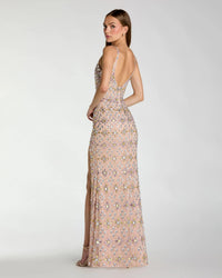 Mac Duggal 10155 Light Rose crystal embellished column gown with slit - Back view