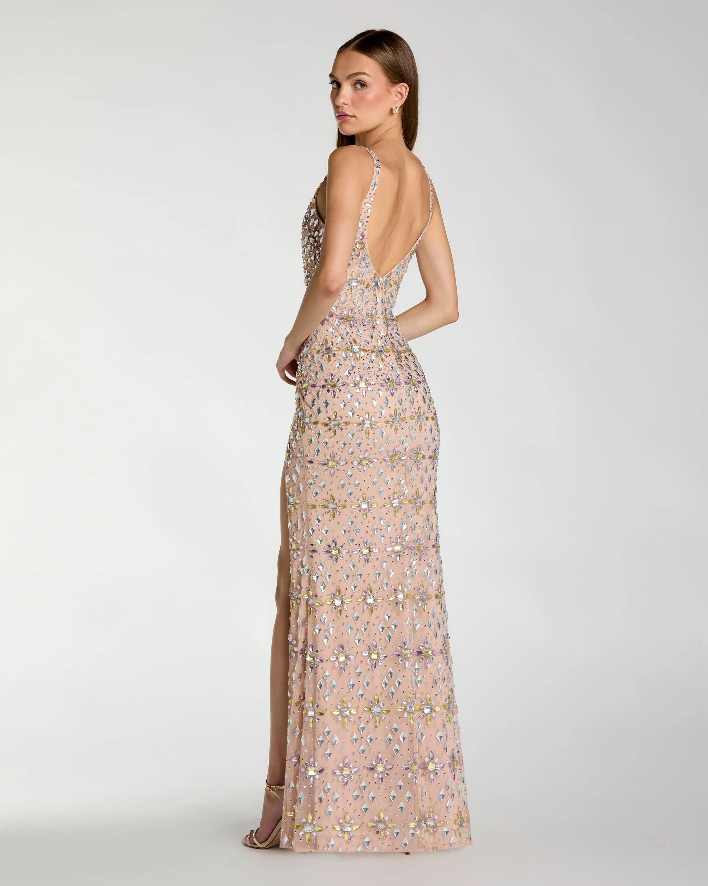 Mac Duggal 10155 Light Rose crystal embellished column gown with slit - Back view