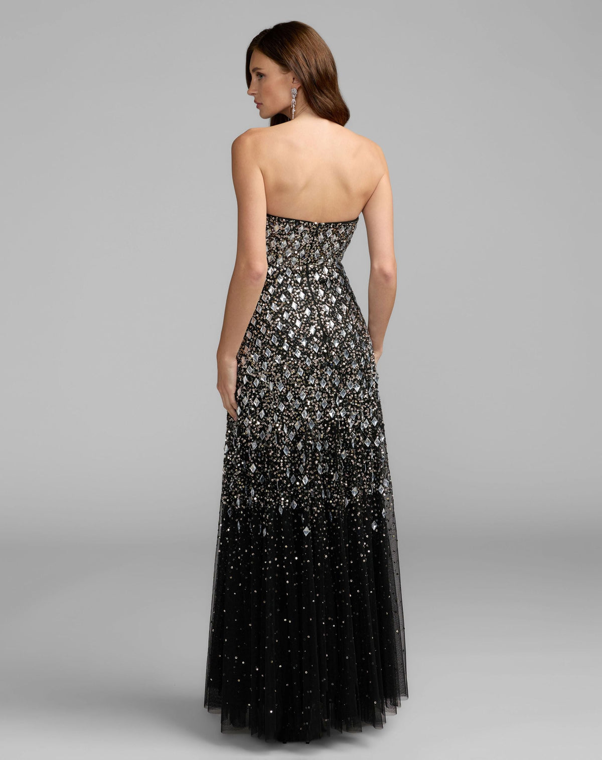 Mac Duggal #10159 black strapless sweetheart embellished a-line gown back view