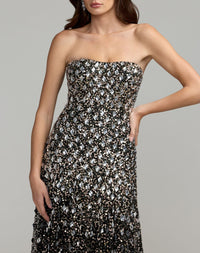 Mac Duggal #10159 black strapless sweetheart embellished a-line gown close-up