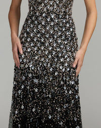 Mac Duggal #10159 black strapless sweetheart embellished a-line gown close-up