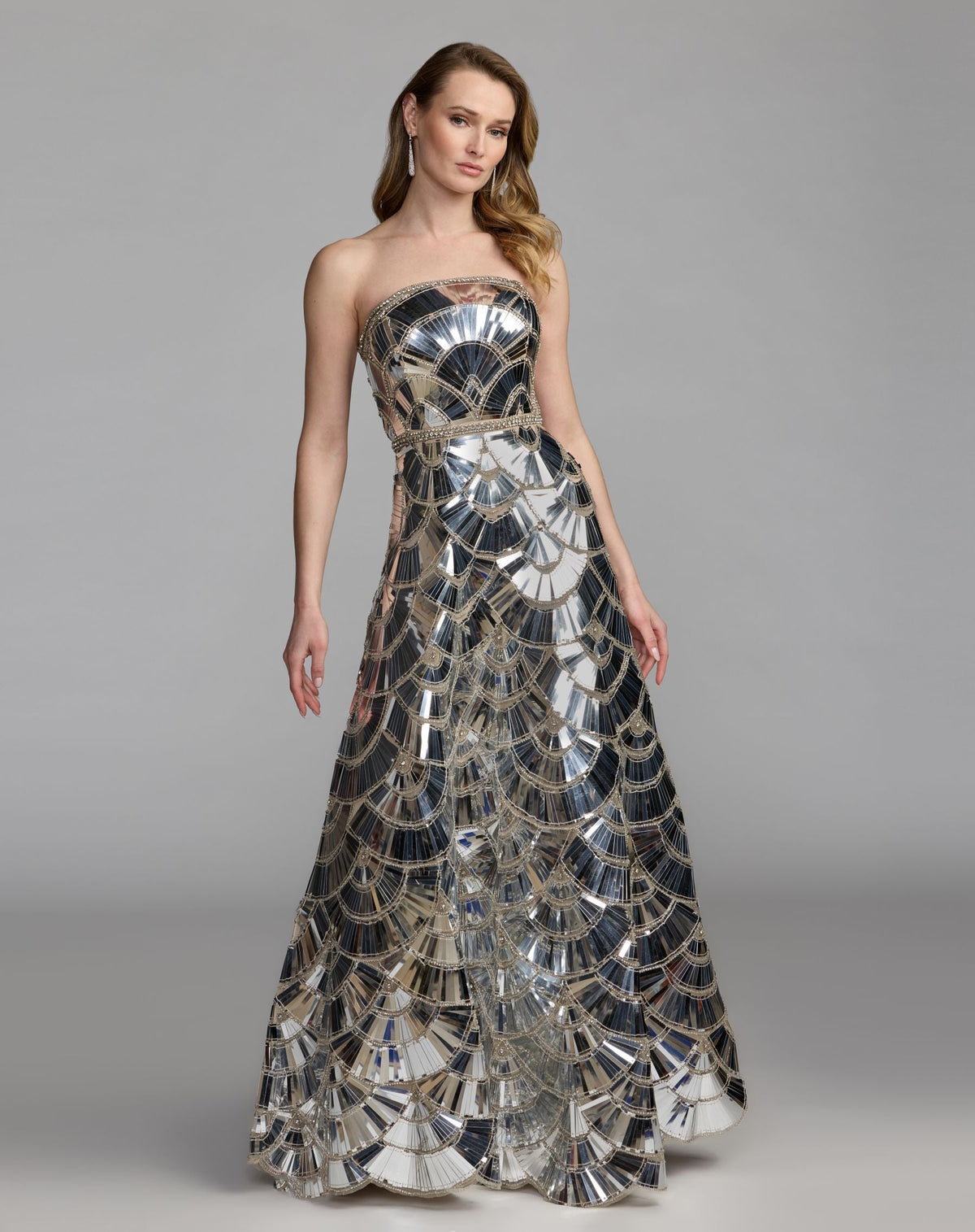 Mac Duggal #10168 silver hand embellished strapless ball gown