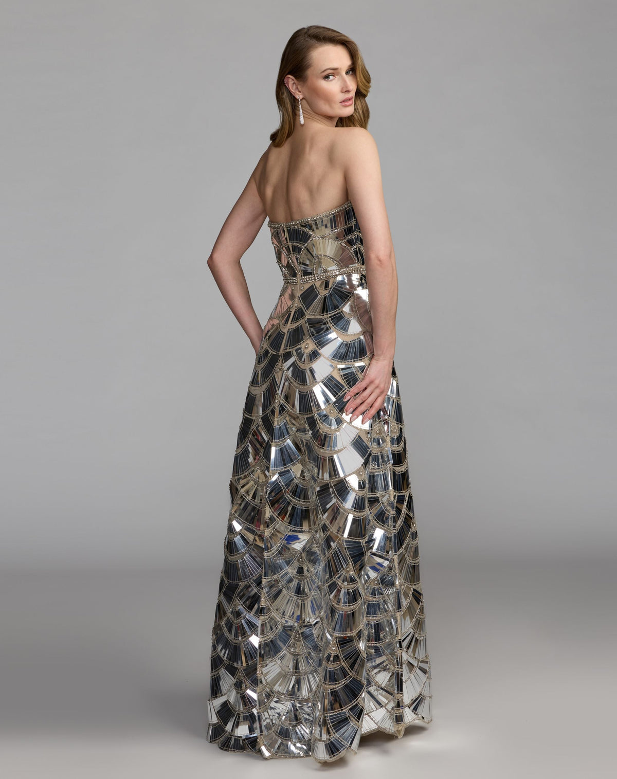 Mac Duggal #10168 silver ball gown back view