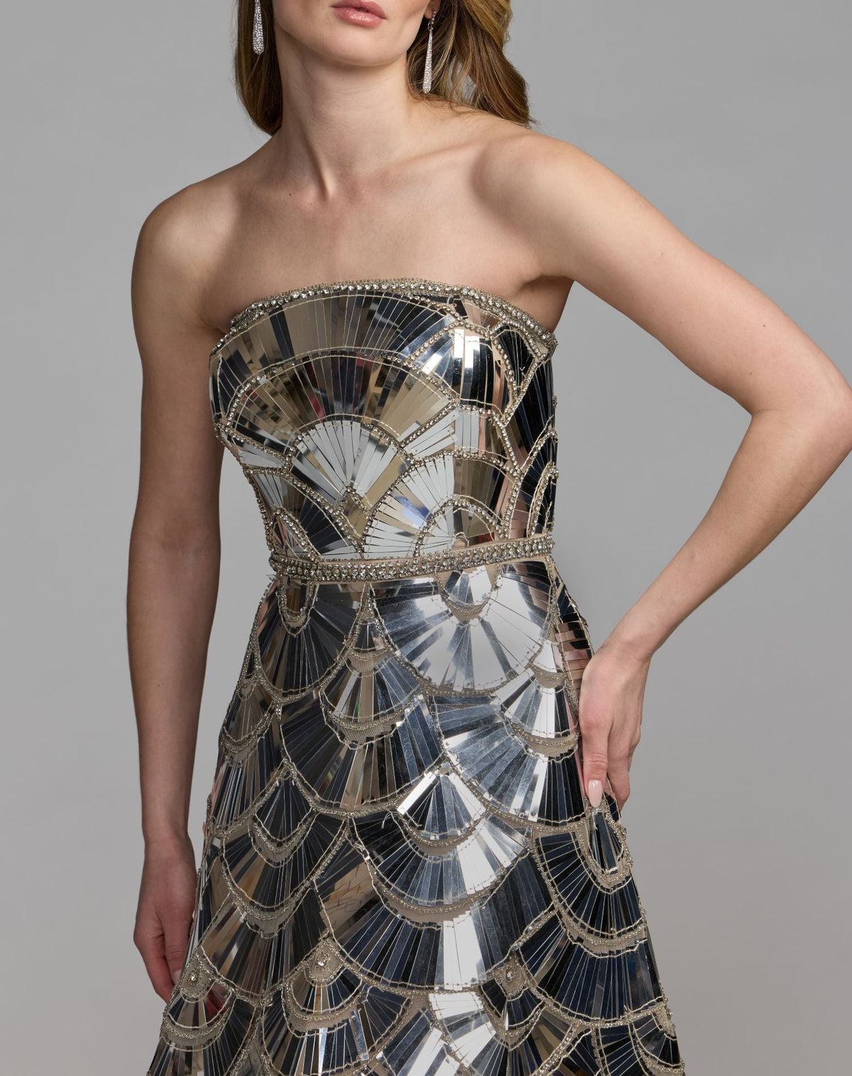 Mac Duggal #10168 silver Art Deco embellishment close-up