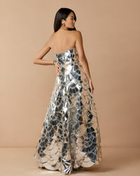 Mac Duggal #10168 silver ball gown back studio