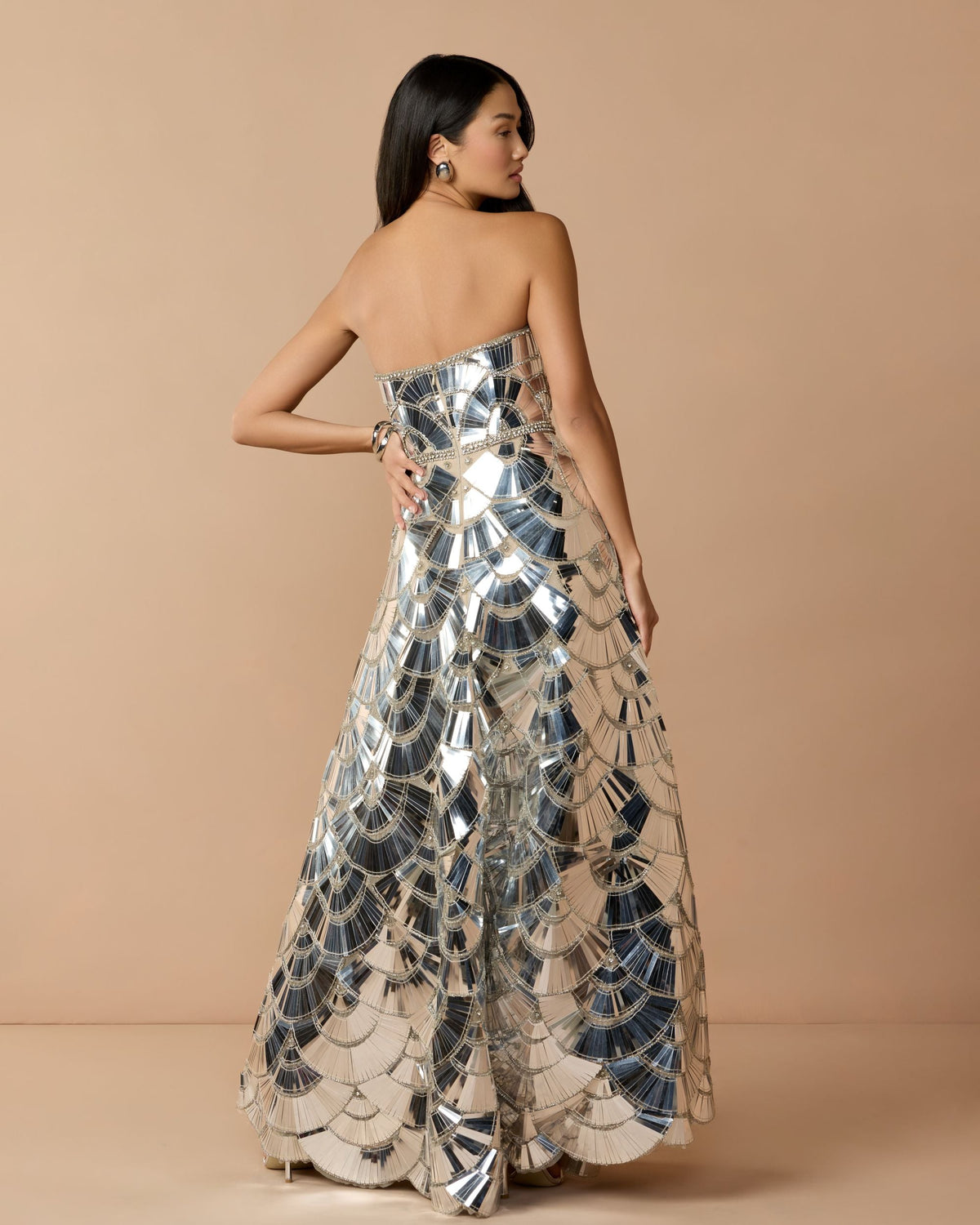 Mac Duggal #10168 silver ball gown back studio