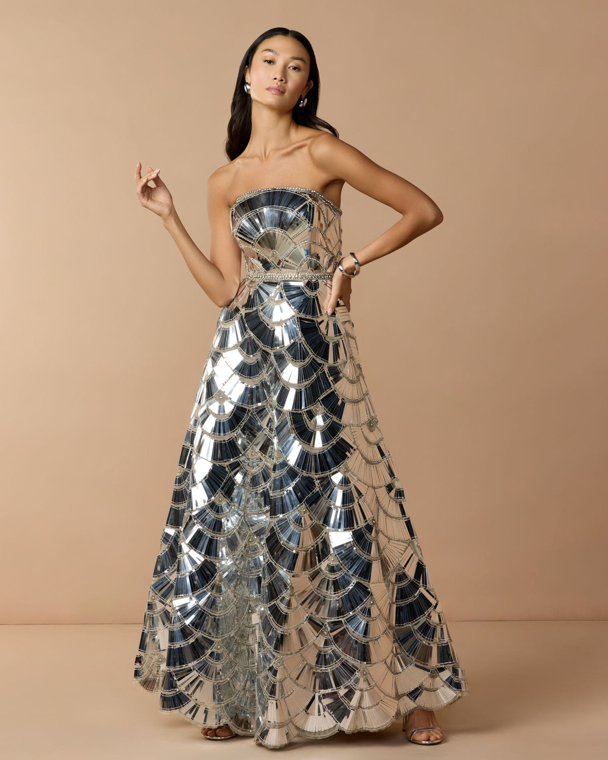 Mac Duggal #10168 silver strapless ball gown studio