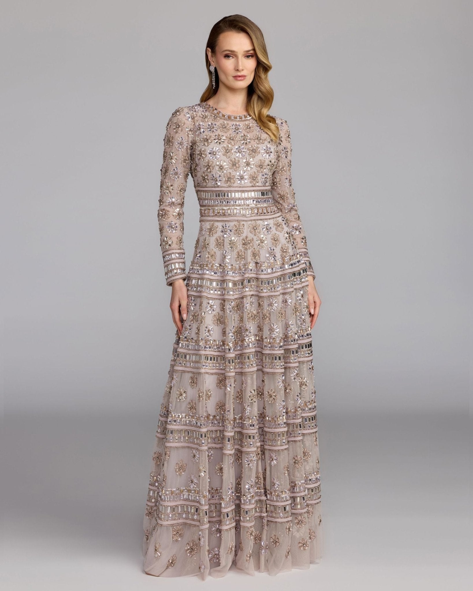 Embellished Long Sleeve A-Line Gown