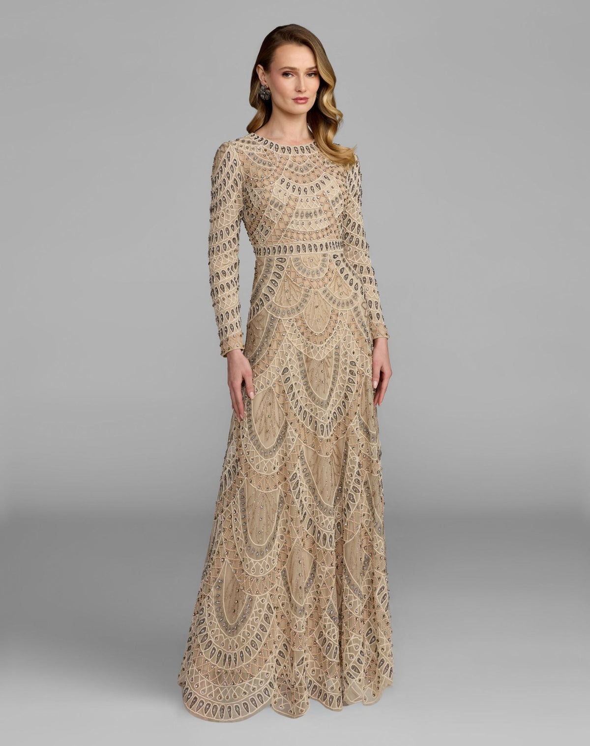 Long Sleeve Hand Beaded A-Line Gown