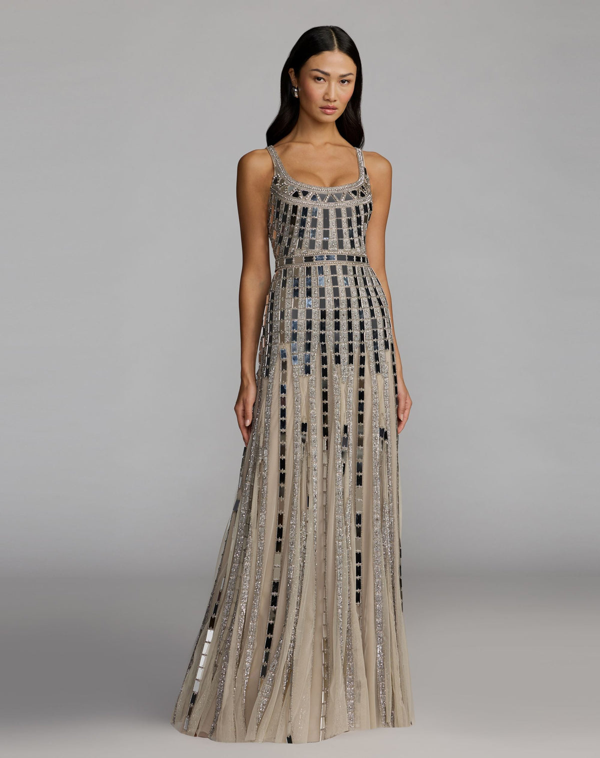 Mac Duggal #10179 silver mirror embellished sleeveless evening gown