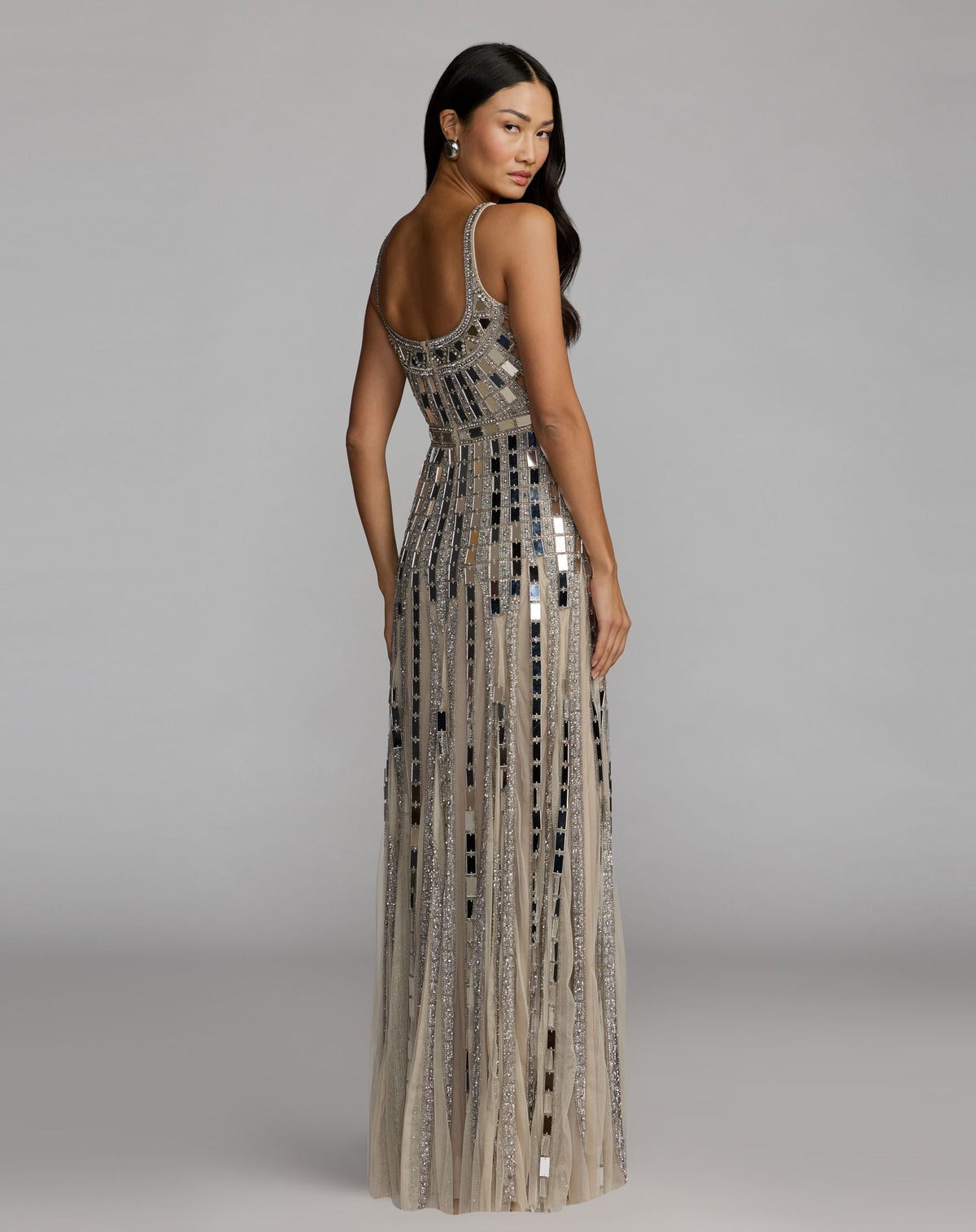 Mac Duggal #10179 silver gown scoop back