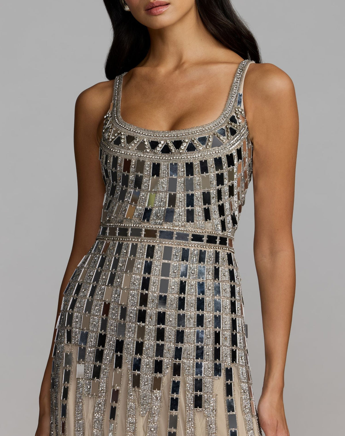 Mac Duggal #10179 silver mirror embellishment close-up