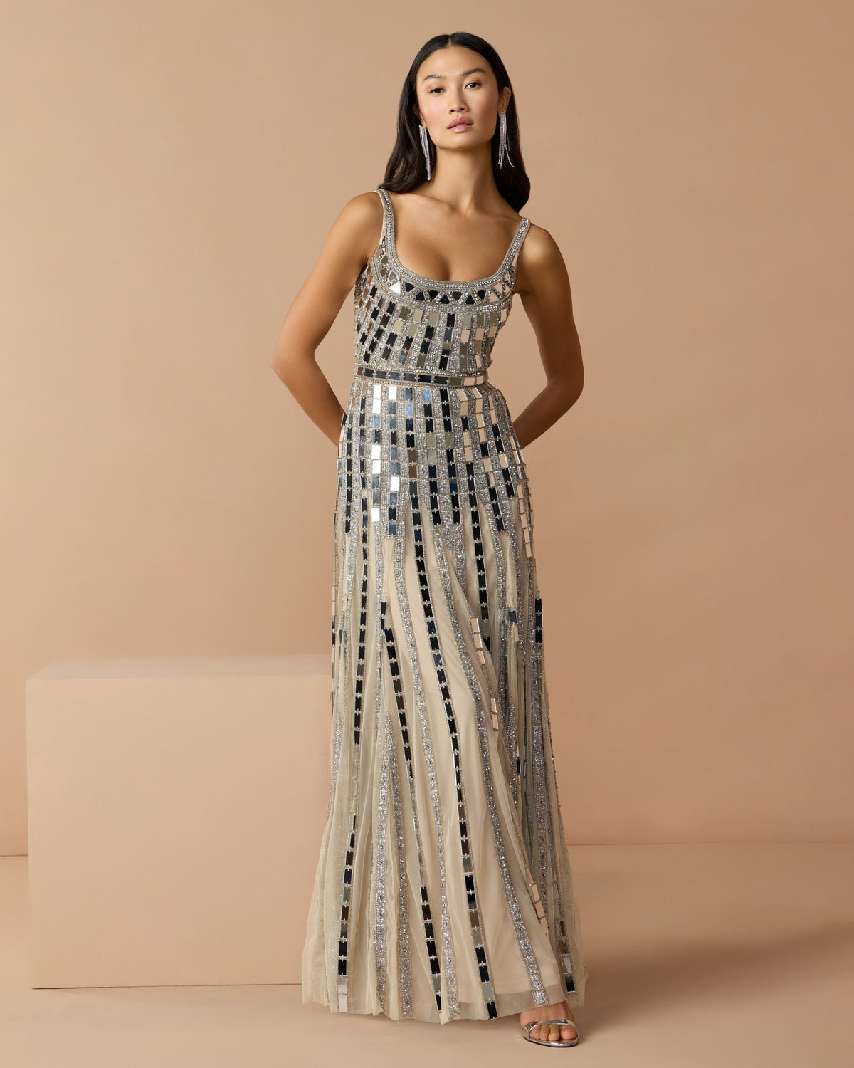 Mac Duggal #10179 silver embellished evening gown studio