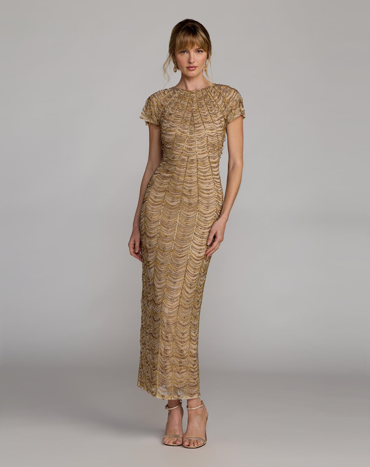 Mac Duggal #10184 Beaded Cap Sleeve Column Gown Gold