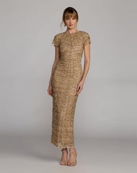 Mac Duggal #10184 Beaded Cap Sleeve Column Gown Gold