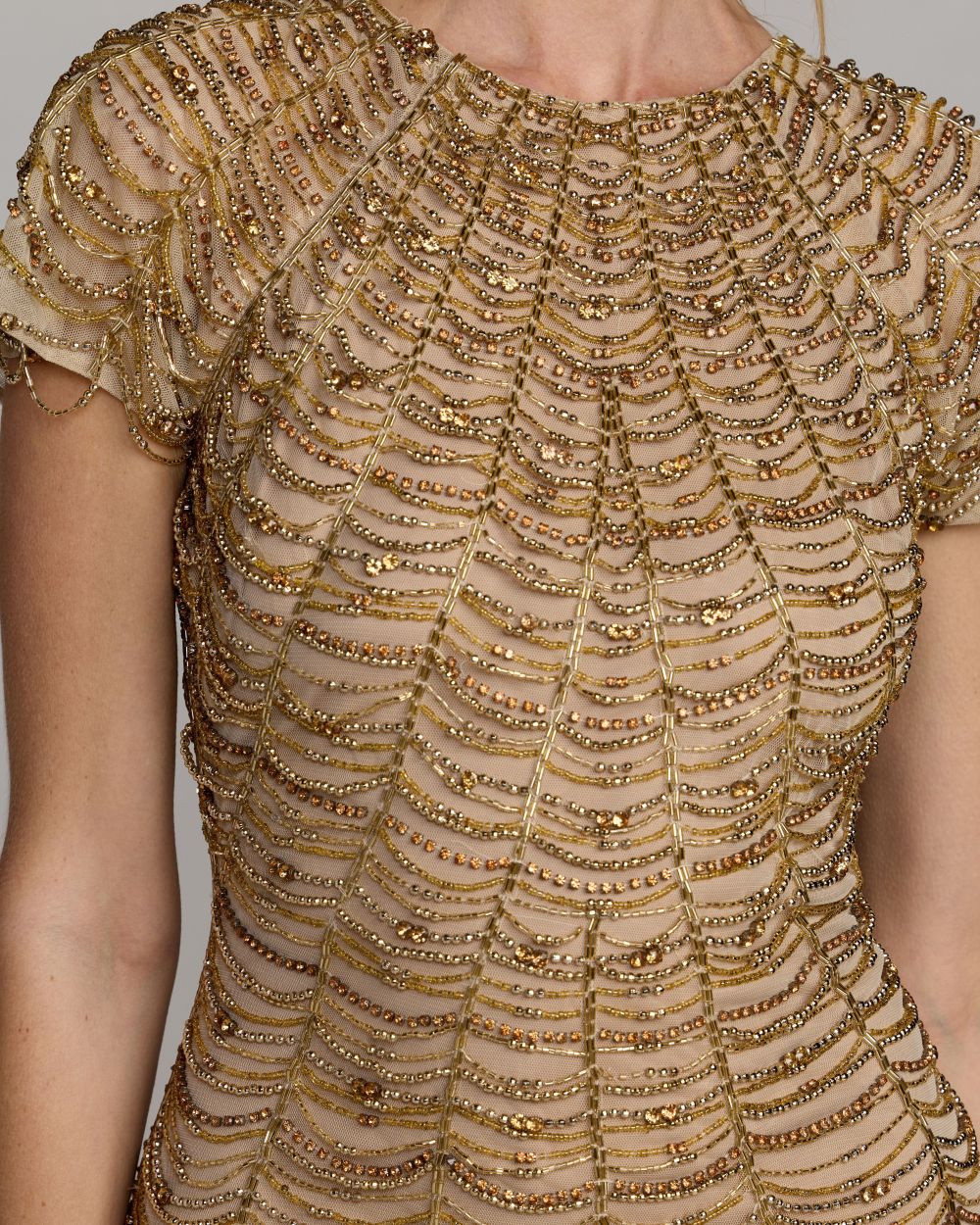 Mac Duggal #10184 Beaded Cap Sleeve Column Gown Gold