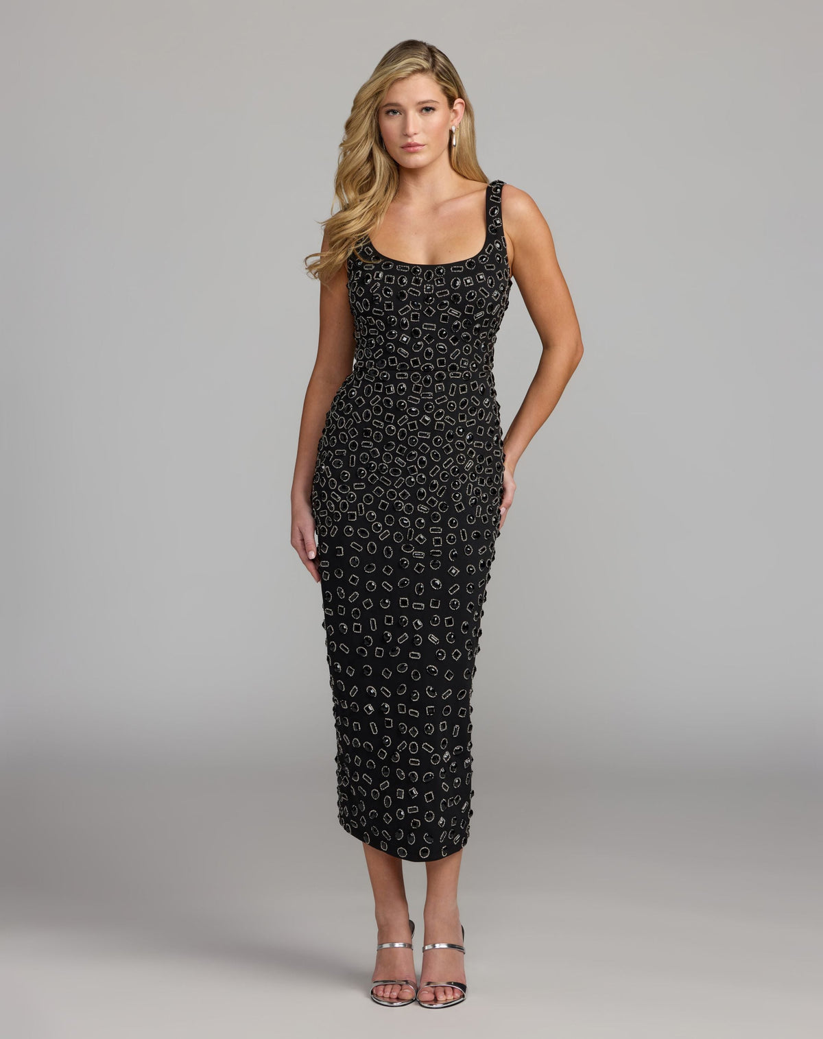 Mac Duggal #10193 black scoop neck beaded scuba midi dress