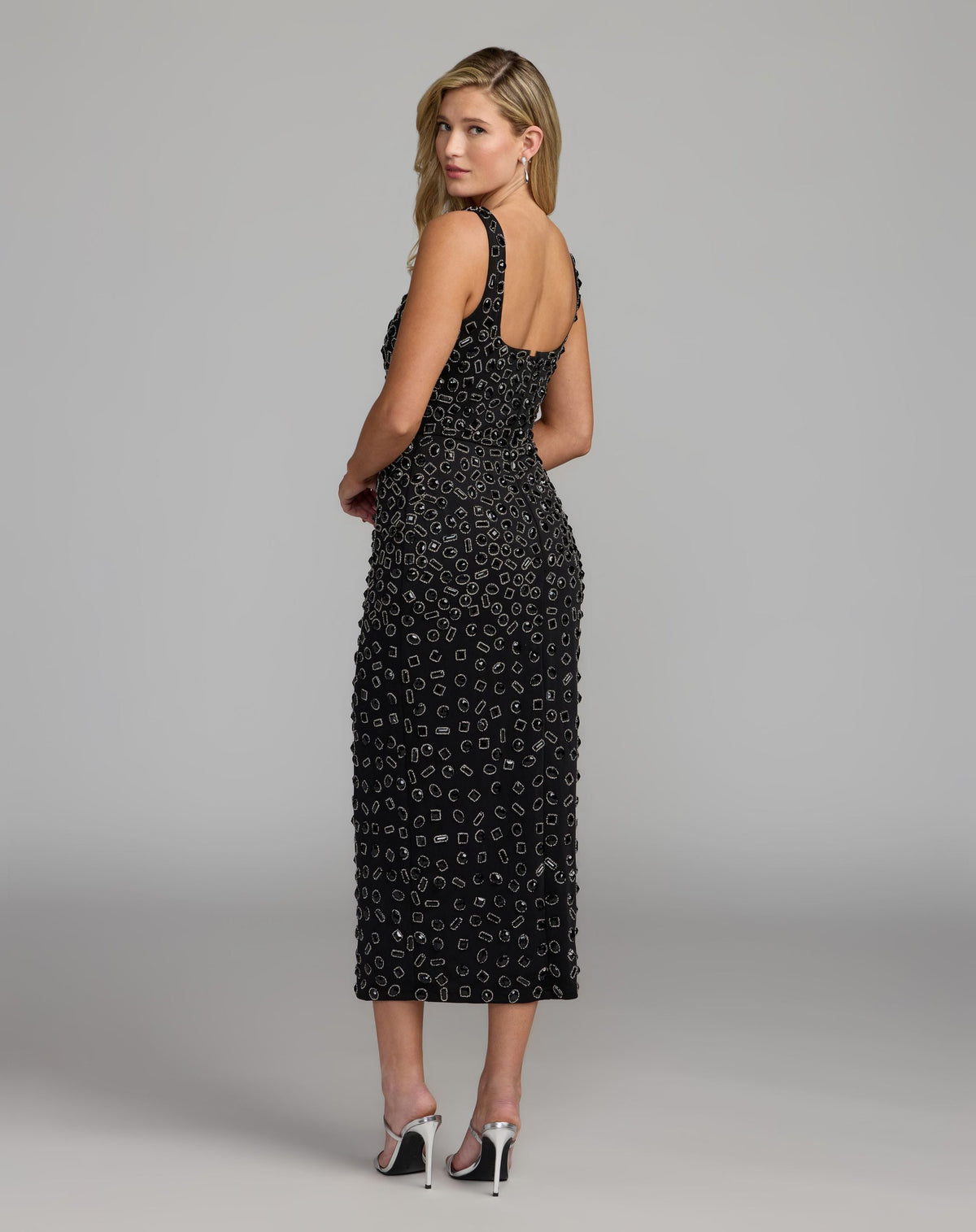 Mac Duggal #10193 black scoop neck beaded scuba midi dress back view