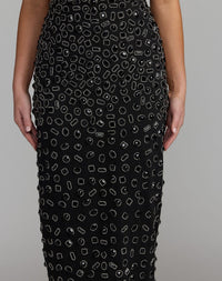 Mac Duggal #10193 black scoop neck beaded scuba midi dress close-up