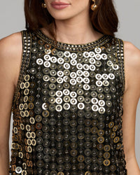 Mac Duggal #10197 black metallic embellished mini dress close-up