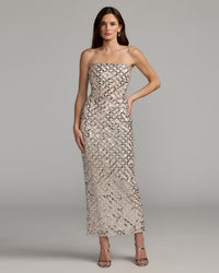 Mac Duggal #10200 nude silver metallic embellished strapless maxi dress