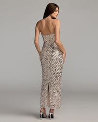 Mac Duggal #10200 nude silver metallic embellished strapless maxi dress back view