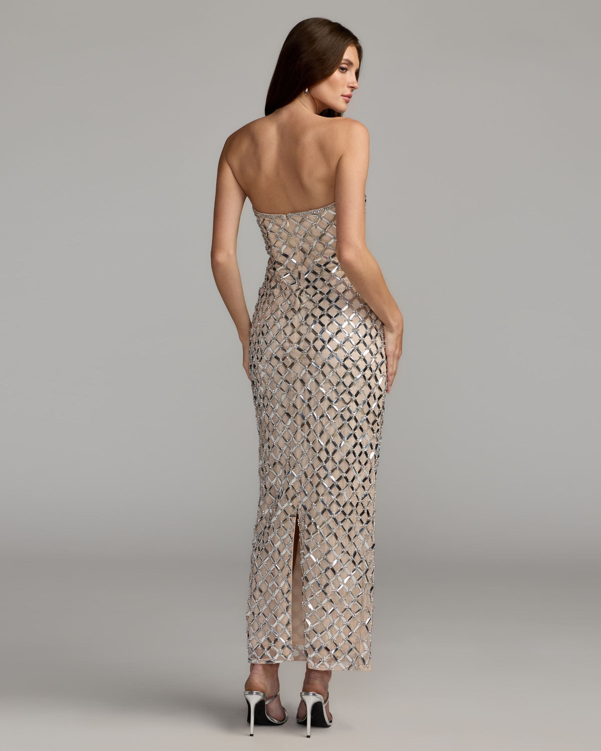 Mac Duggal #10200 nude silver metallic embellished strapless maxi dress back view