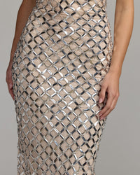 Mac Duggal #10200 nude silver metallic embellished strapless maxi dress close-up
