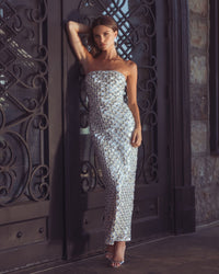 Mac Duggal #10200 nude silver metallic embellished strapless maxi dress lifestyle