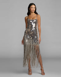 Mac Duggal #10204 nude silver mirrored crystal fringe midi dress