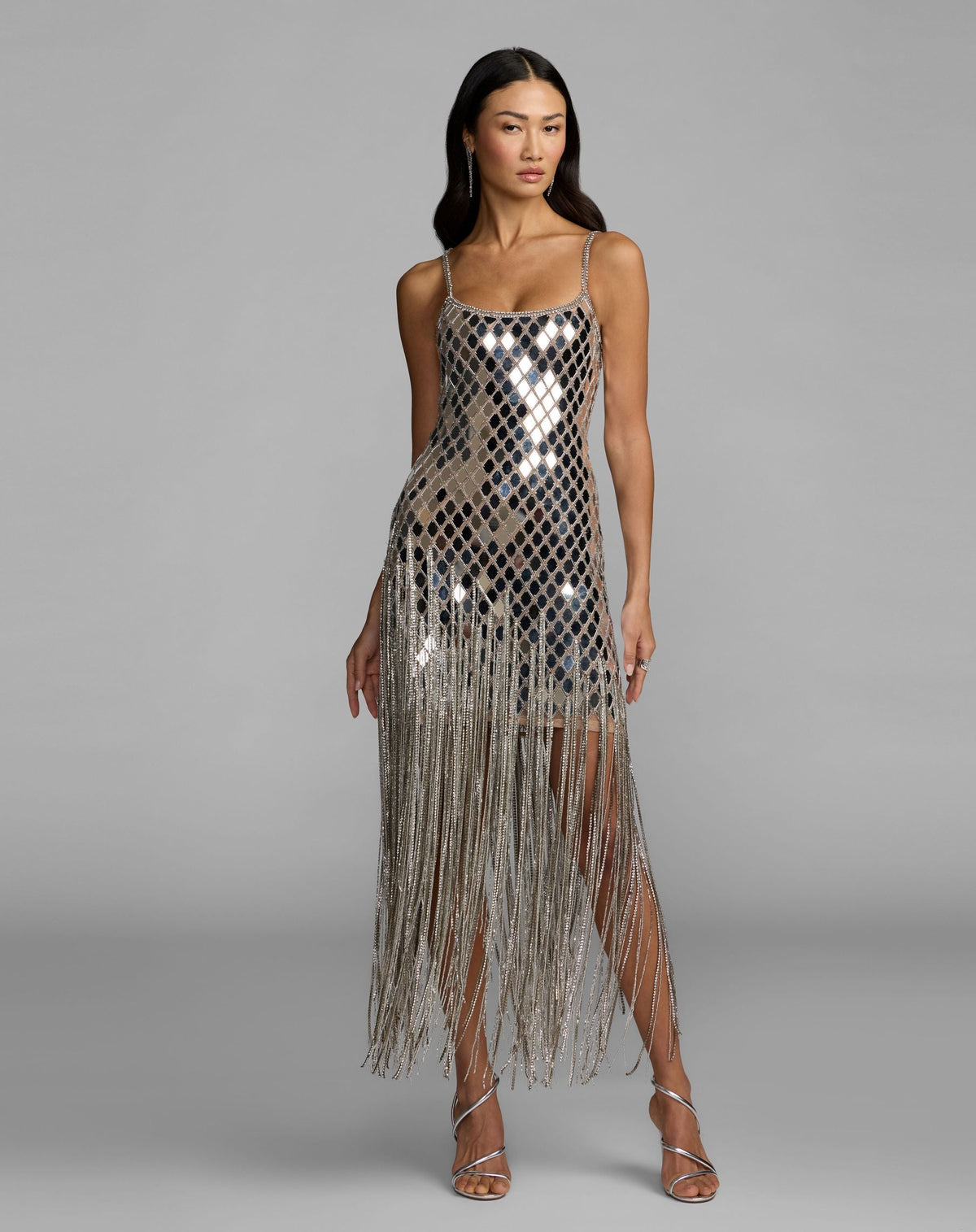 Mac Duggal #10204 nude silver mirrored crystal fringe midi dress