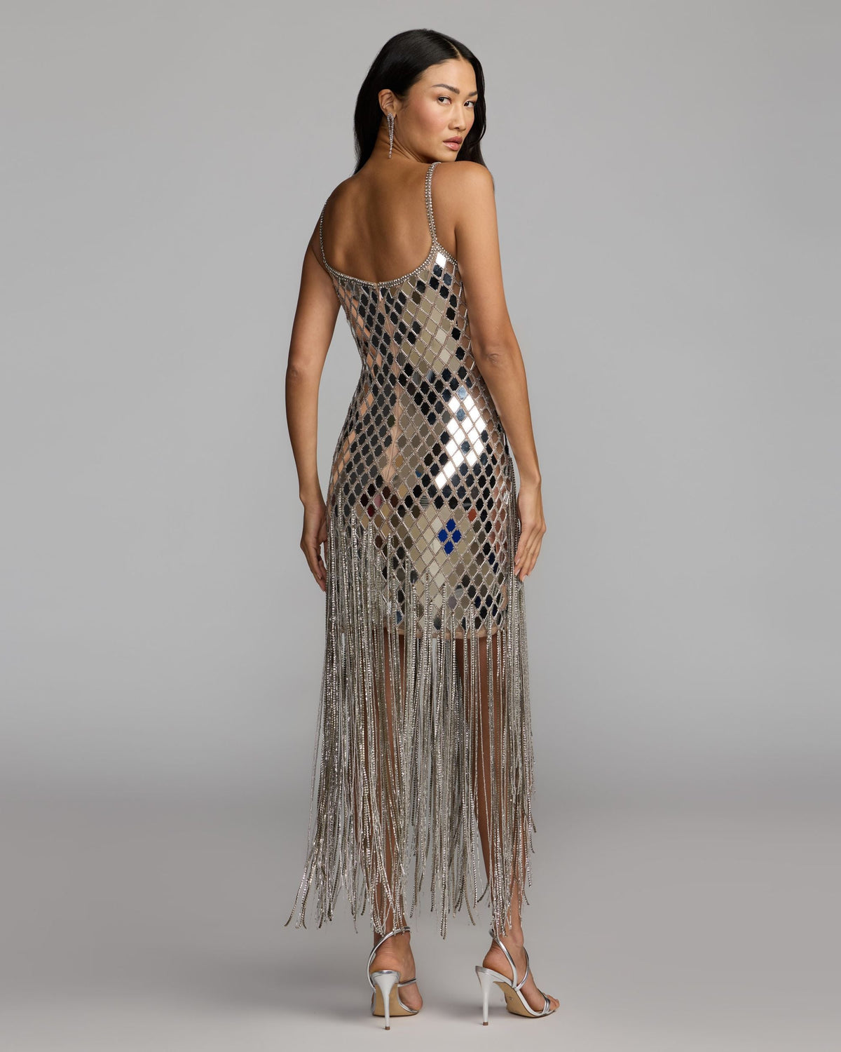 Mac Duggal #10204 nude silver mirrored crystal fringe midi dress back view