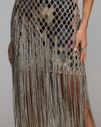 Mac Duggal #10204 nude silver mirrored crystal fringe midi dress close-up