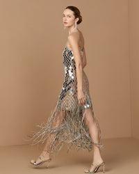 Mac Duggal #10204 nude silver mirrored crystal fringe midi dress lifestyle
