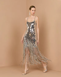 Mac Duggal #10204 nude silver mirrored crystal fringe midi dress lifestyle