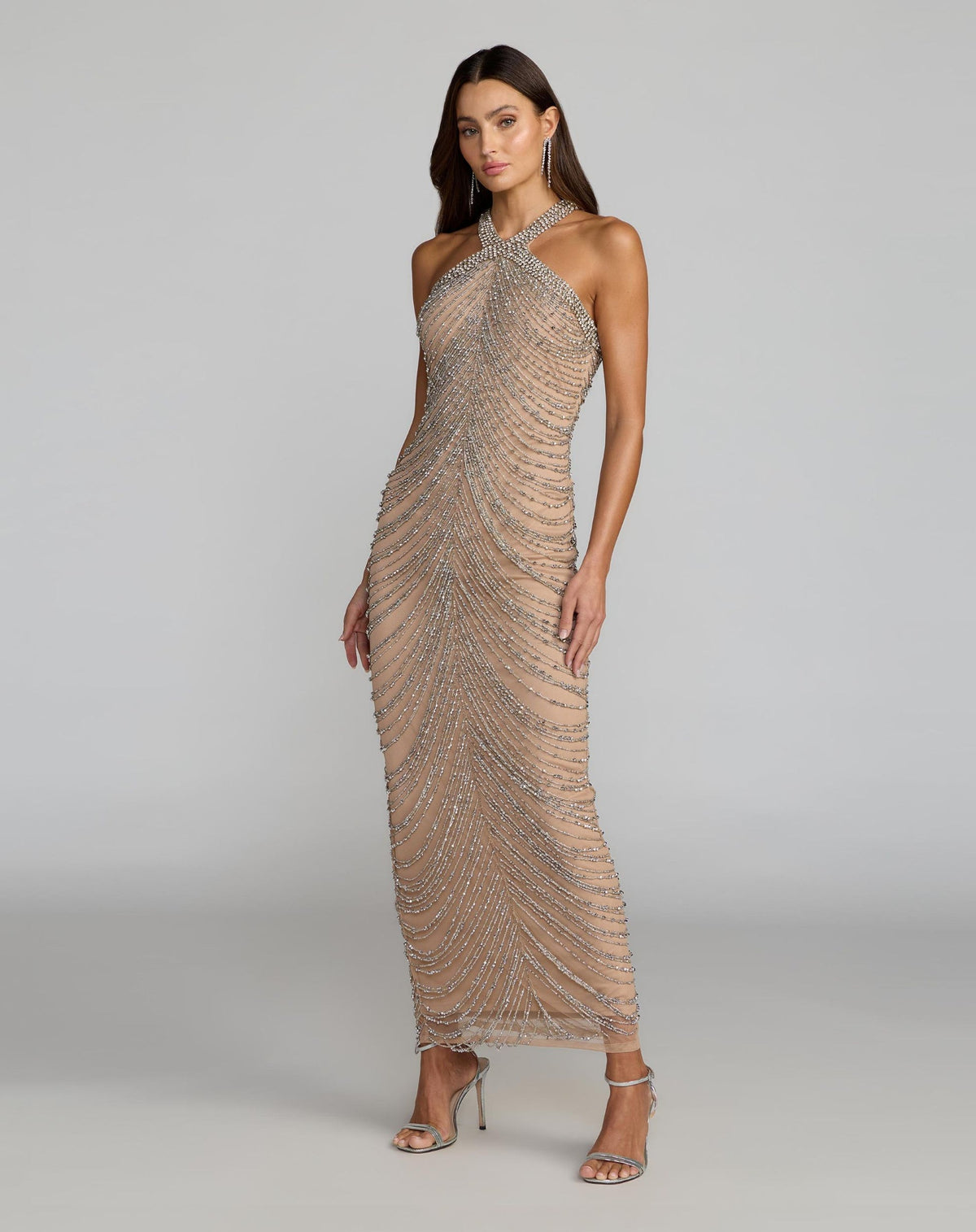 Mac Duggal Beige Halter Neck Embellished Maxi Dress Nude Silver #10206 