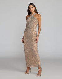 Mac Duggal Beige Halter Neck Embellished Maxi Dress Nude Silver #10206 