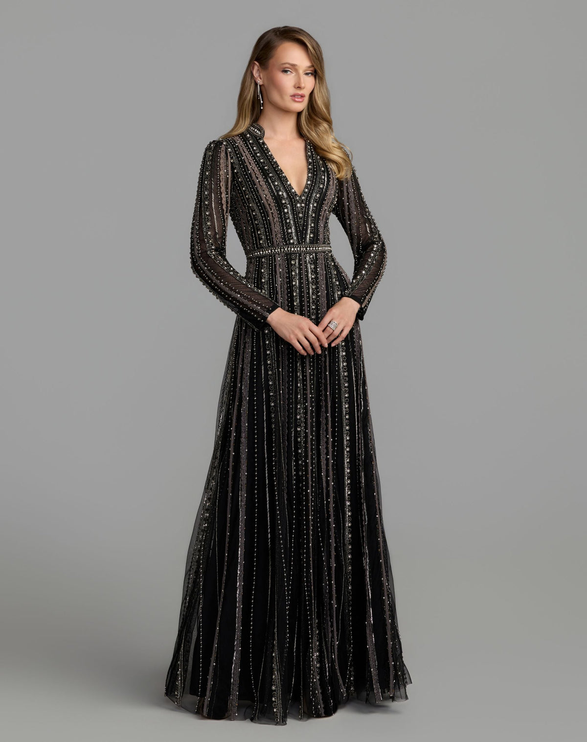 Mac Duggal #10230 black charcoal embellished long sleeve a-line gown