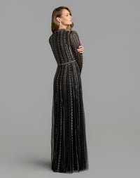 Mac Duggal #10230 black charcoal embellished long sleeve a-line gown back view