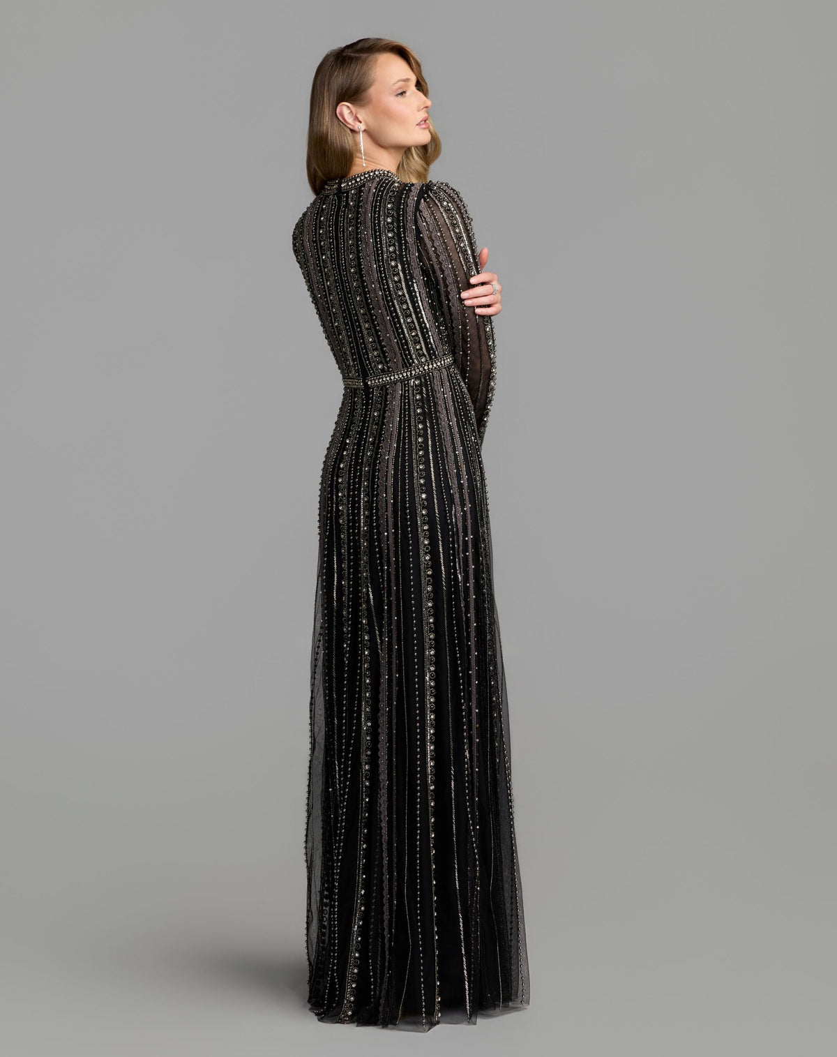 Mac Duggal #10230 black charcoal embellished long sleeve a-line gown back view