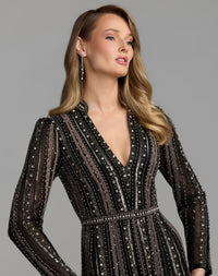 Mac Duggal #10230 black charcoal embellished long sleeve a-line gown close-up