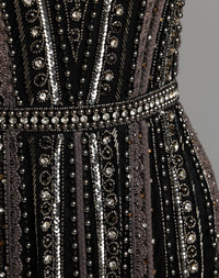 Mac Duggal #10230 black charcoal embellished long sleeve a-line gown close-up