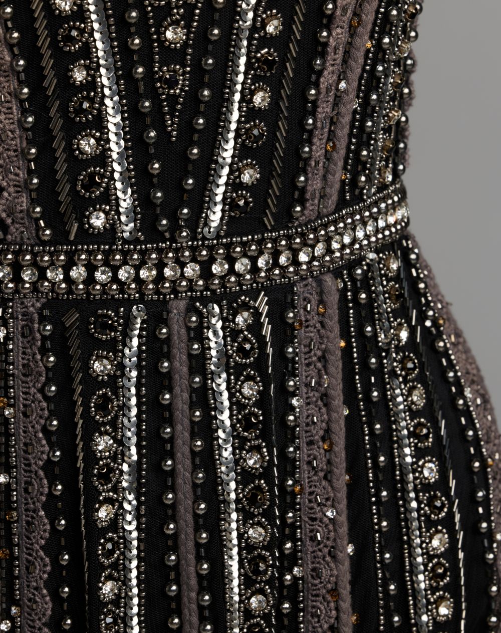 Mac Duggal #10230 black charcoal embellished long sleeve a-line gown close-up