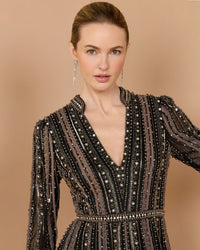 Mac Duggal #10230 black charcoal embellished long sleeve a-line gown lifestyle
