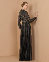 Mac Duggal #10230 black charcoal embellished long sleeve a-line gown back view