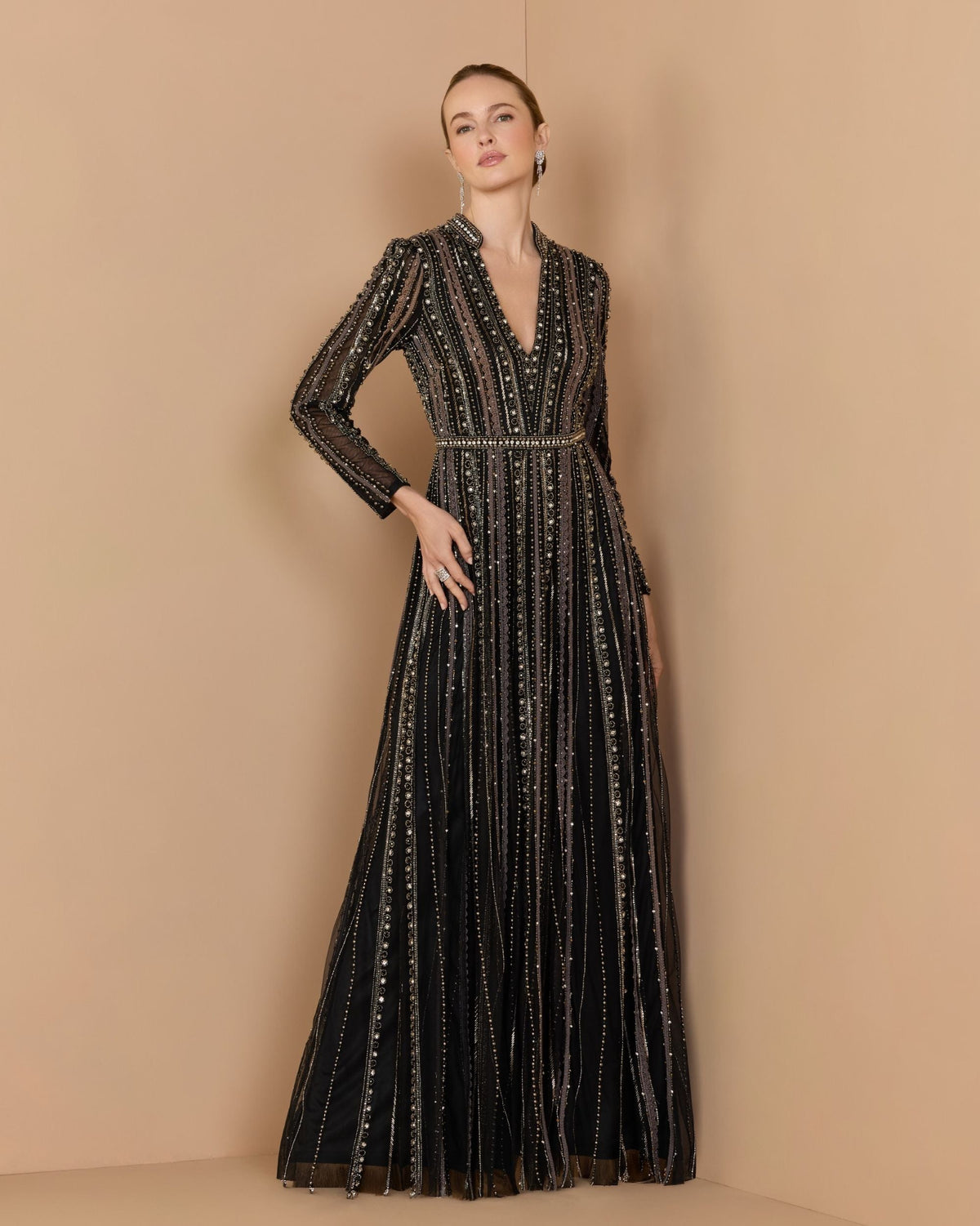Mac Duggal #10230 black charcoal embellished long sleeve a-line gown lifestyle
