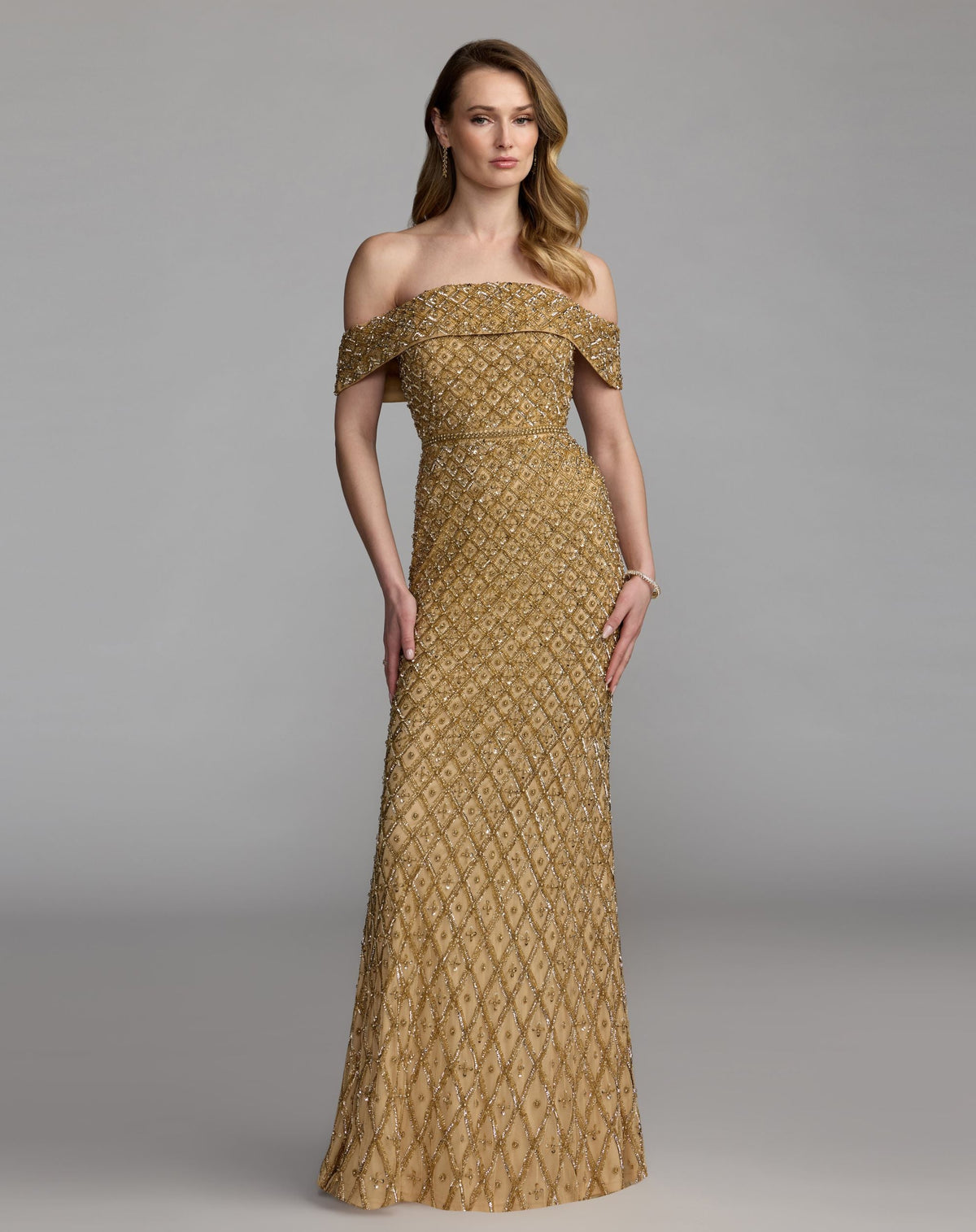 Mac Duggal #10259 gold off the shoulder embellished column gown