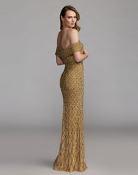Mac Duggal #10259 gold off the shoulder embellished column gown back