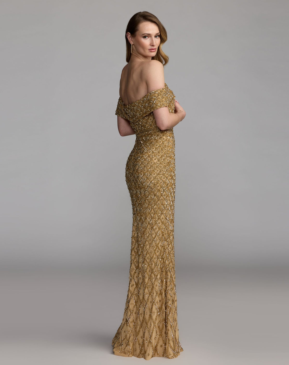 Mac Duggal #10259 gold off the shoulder embellished column gown back